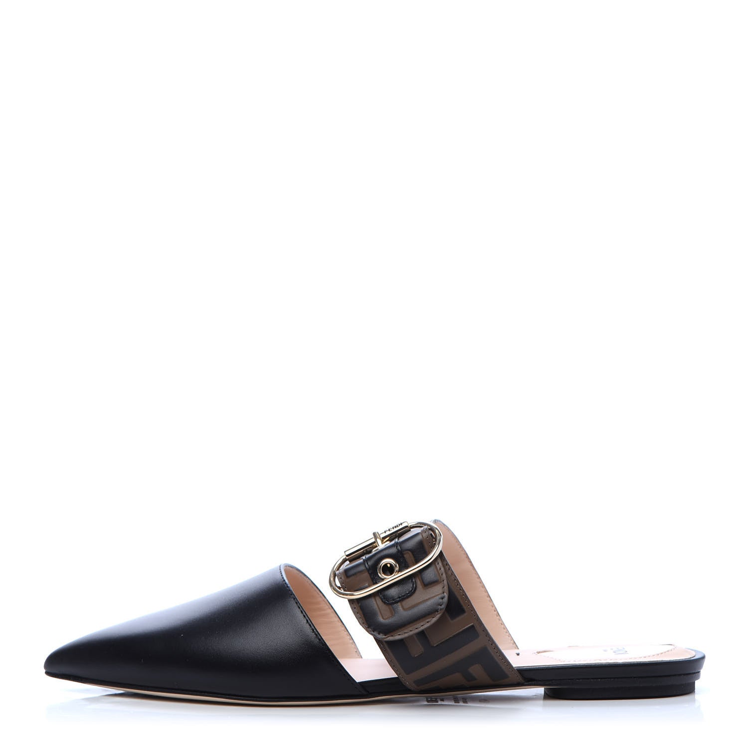 Fendi Vitello FF Embossed Buckle Flat Mules 40 Maya Black 1 of 7