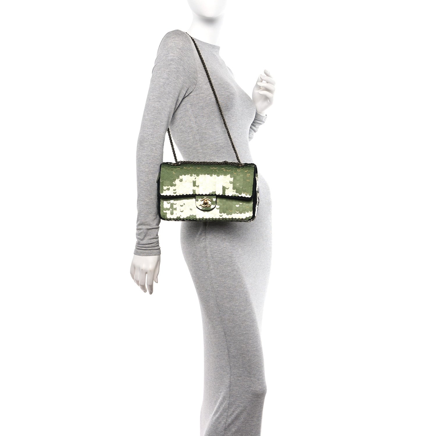 Chanel Satin Sequin Medium Paris Shanghai Double Flap Green 2 of 11