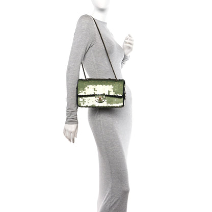 Chanel Satin Sequin Medium Paris Shanghai Double Flap Green 2 of 11