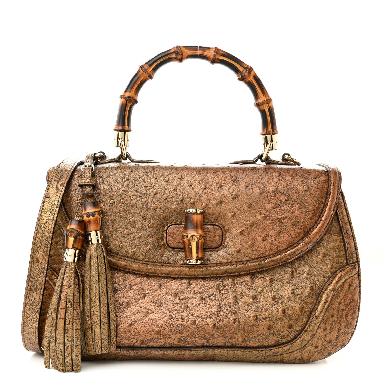 Gucci Ostrich Large New Bamboo Top Handle Bag Gold 3 of 14