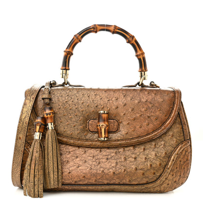 Gucci Ostrich Large New Bamboo Top Handle Bag Gold 3 of 14
