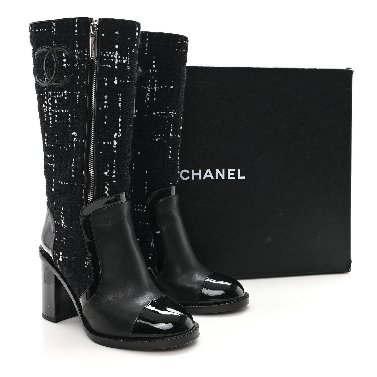 Chanel Tweed Calfskin Patent Cap Toe CC High Boots 39 Black Navy White 10 of 11