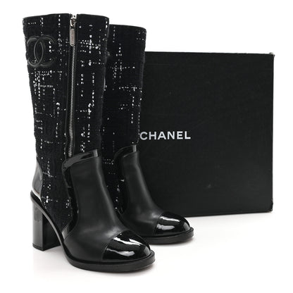 Chanel Tweed Calfskin Patent Cap Toe CC High Boots 39 Black Navy White 10 of 11