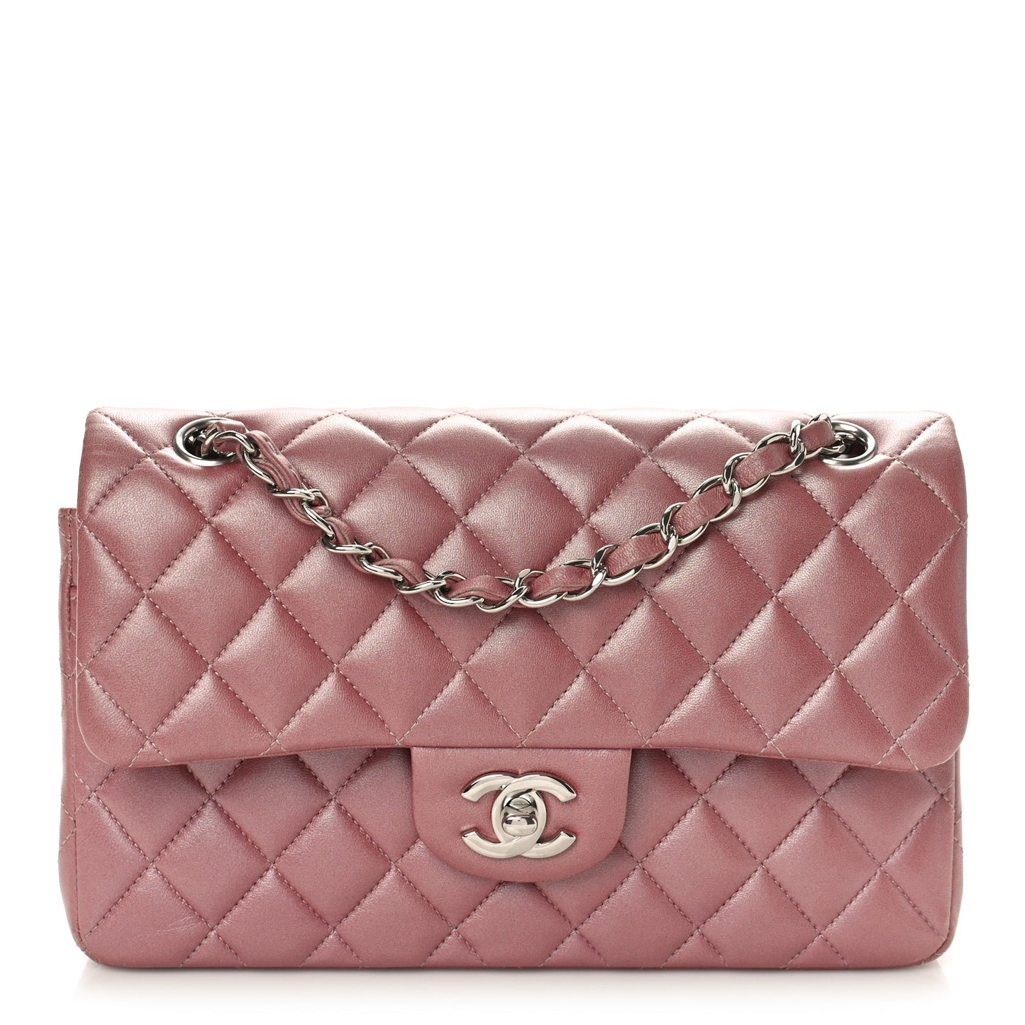Metallic Lambskin Quilted Small Double Flap Pink