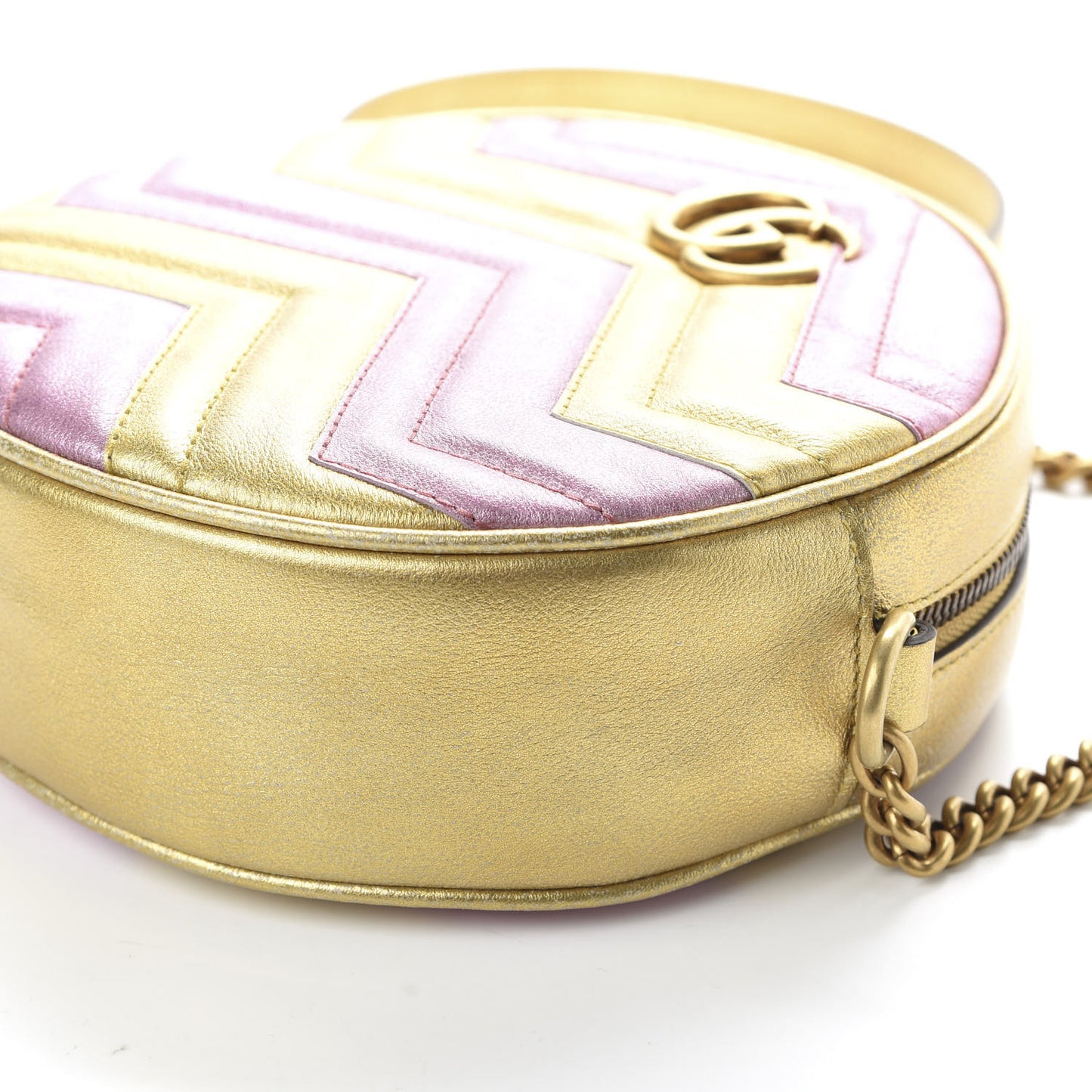Metallic Calfskin Matelasse Mini GG Marmont Round Shoulder Bag Gold Pink