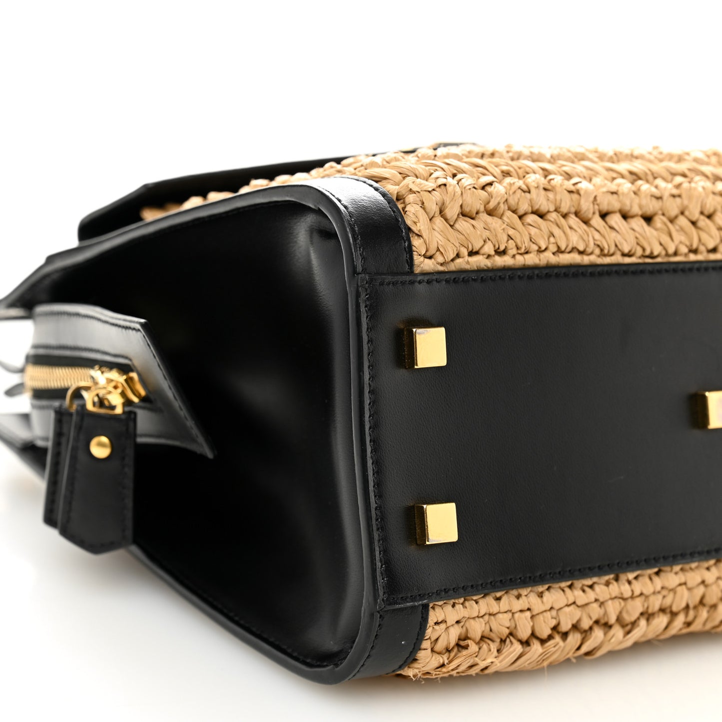 Raffia Calfskin Small Uptown Tote Black Natural