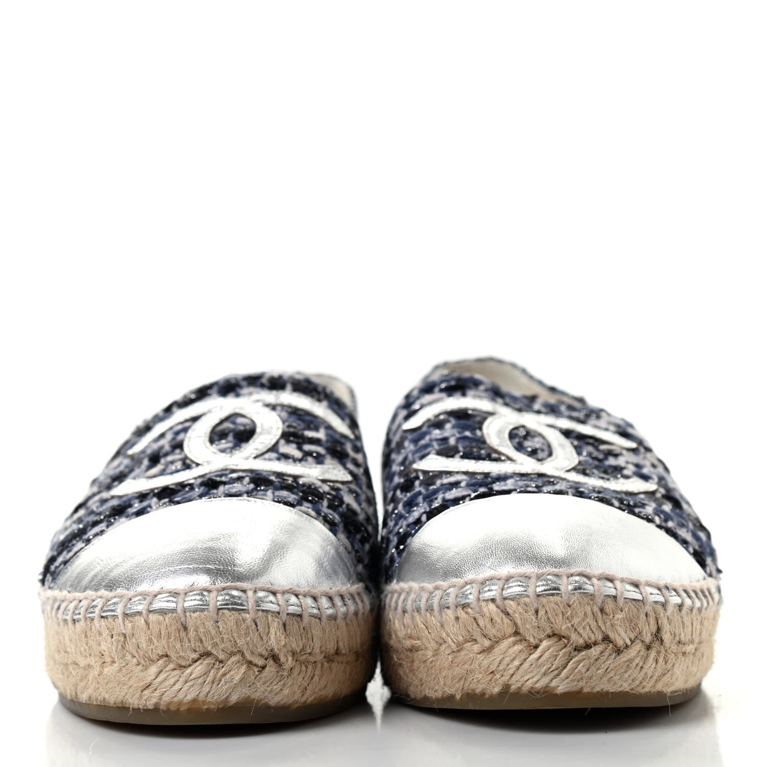 Chanel Metallic Tweed Lambskin CC Espadrilles 37 Blue Black Silver 2 of 7
