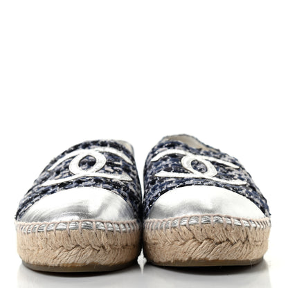 Chanel Metallic Tweed Lambskin CC Espadrilles 37 Blue Black Silver 2 of 7
