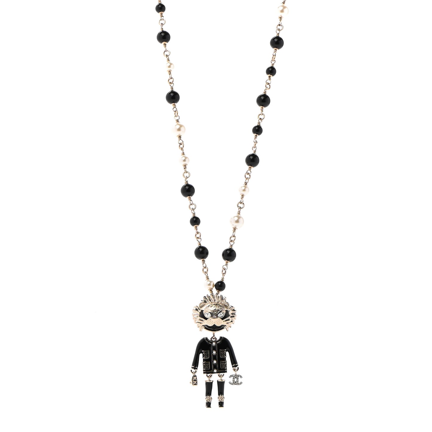 Gripoix Poured Glass Crystal Bead Pearl CC Lion Pendant Necklace Black Gold