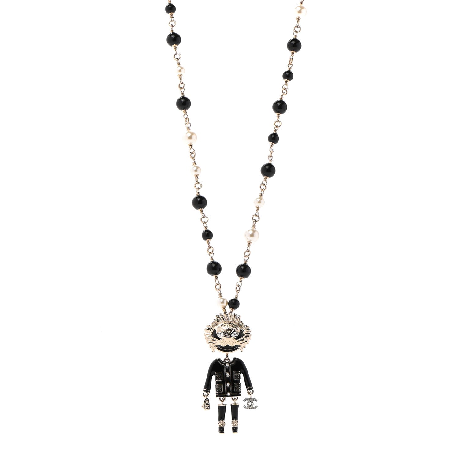 Chanel Gripoix Poured Glass Crystal Bead Pearl CC Lion Pendant Necklace Black Gold 1 of 6