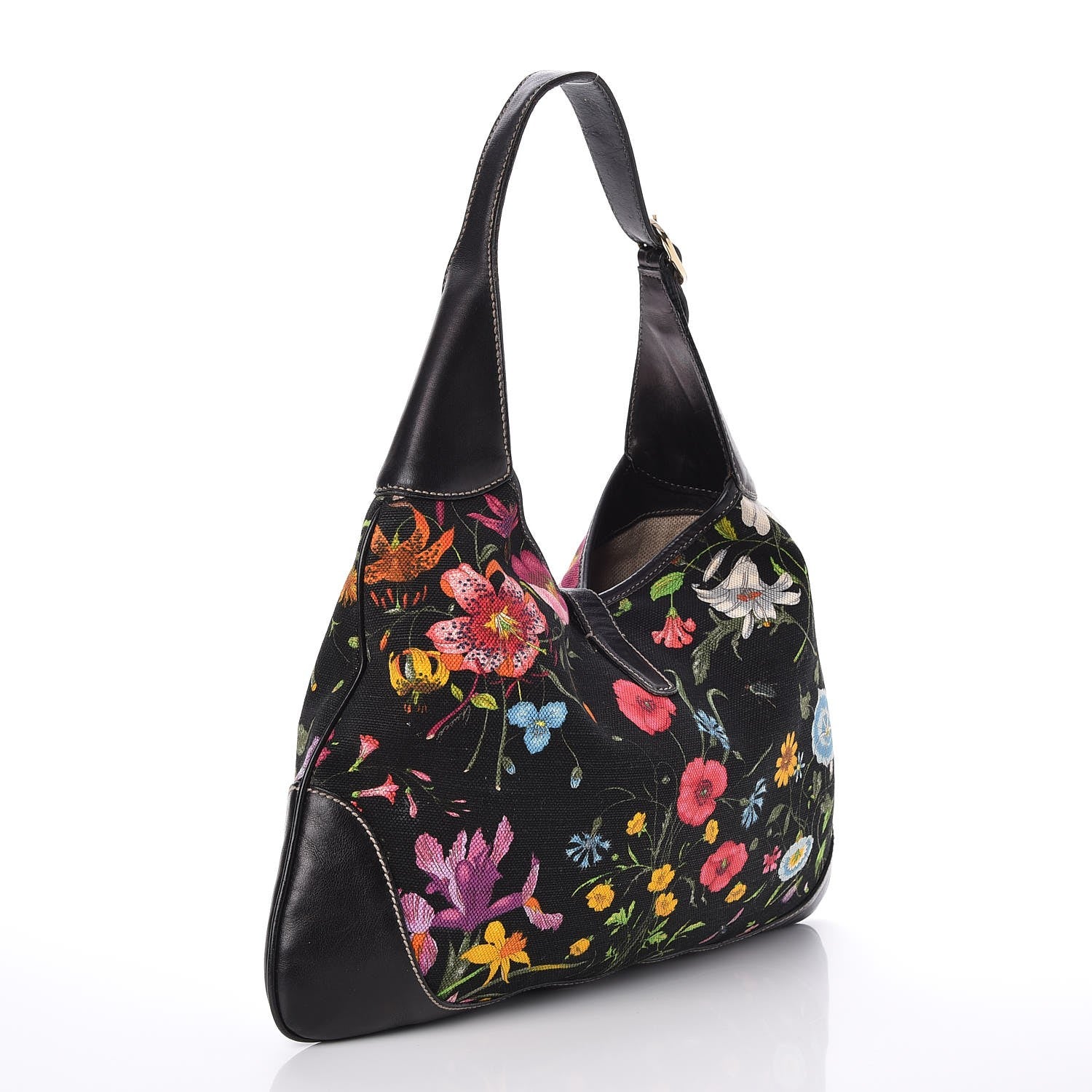 Gucci Canvas Floral Flora Medium Jackie O Bouvier Hobo Black 3 of 7