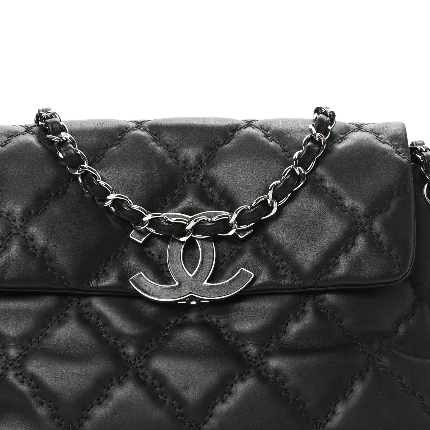 Calfskin Double Stitch Large Hamptons Flap Bag Black