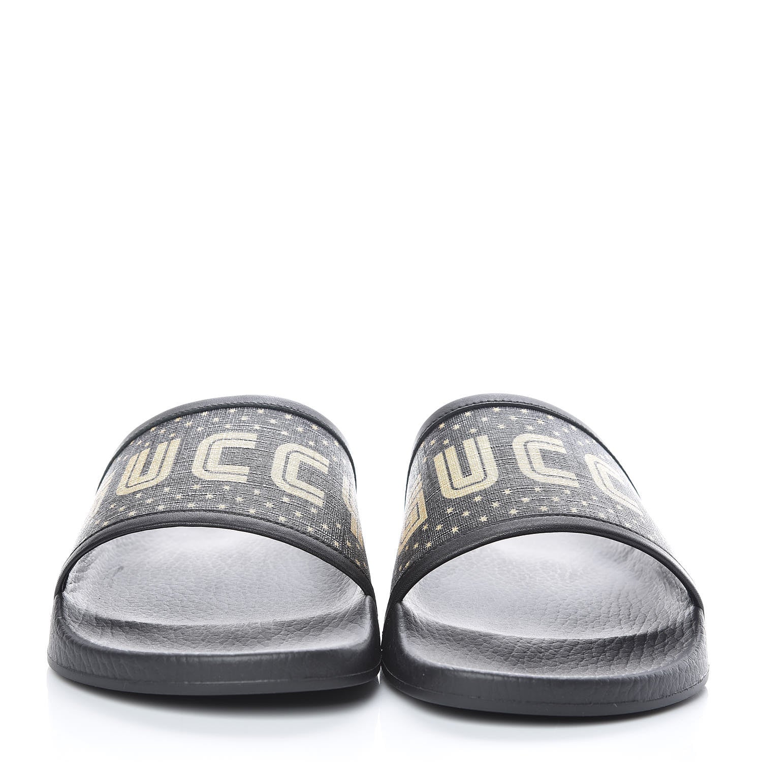 Gucci X SEGA Supreme Canvas GUCCY Stars Mens Slide Sandals 8 Black Gold 2 of 10