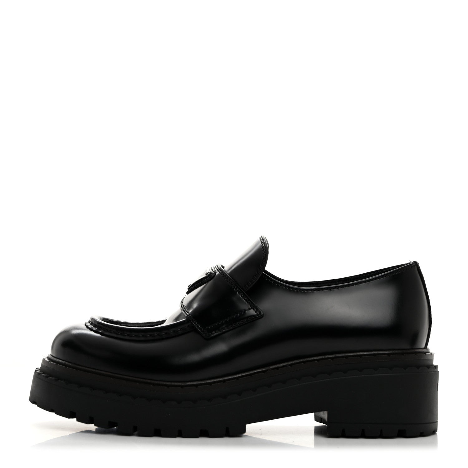 Prada Spazzolato Metal Triangle Logo Double Chocolate Loafers 38 Black 1 of 8