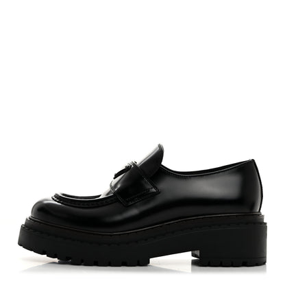 Prada Spazzolato Metal Triangle Logo Double Chocolate Loafers 38 Black 1 of 8
