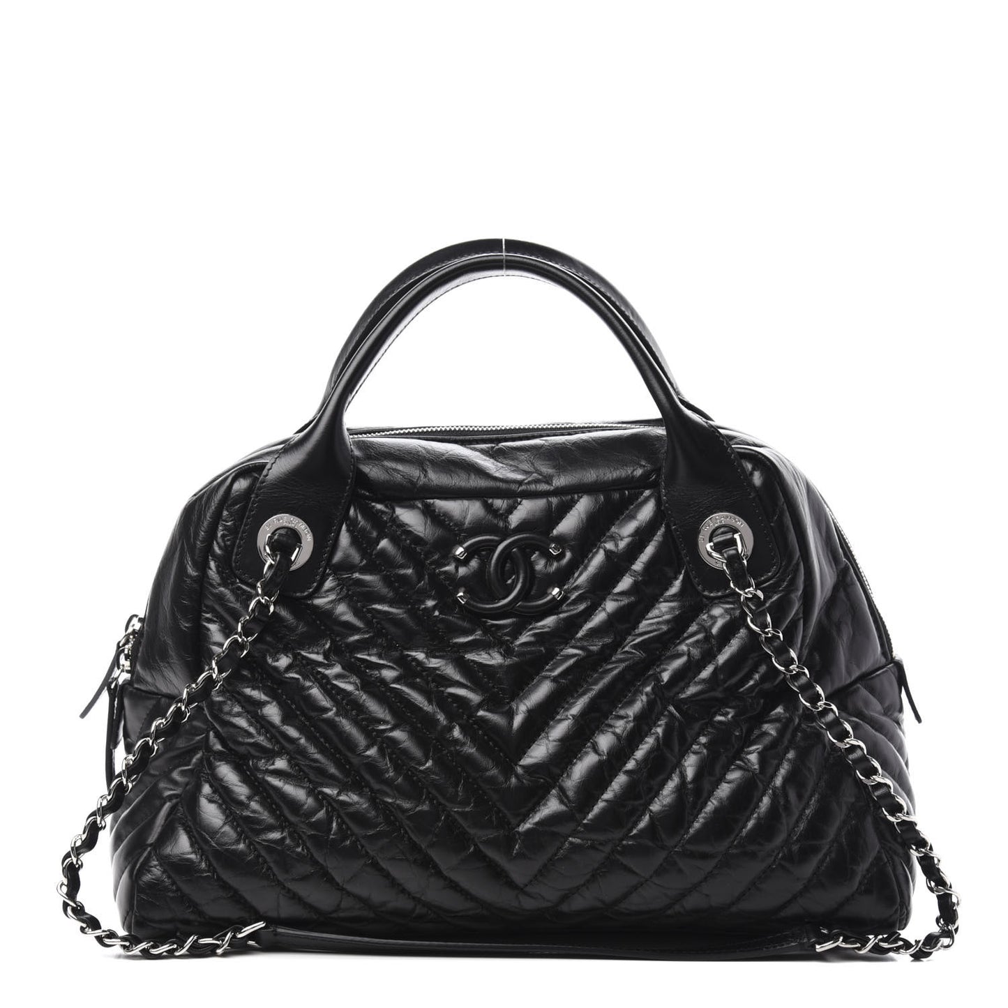 Aged Calfskin Chevron Medium Soft Bowling Bag Black