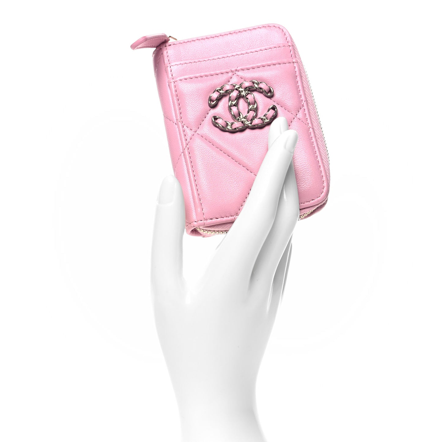 Lambskin Quilted Chanel 19 Vertical Zip Card Holder Wallet Pink