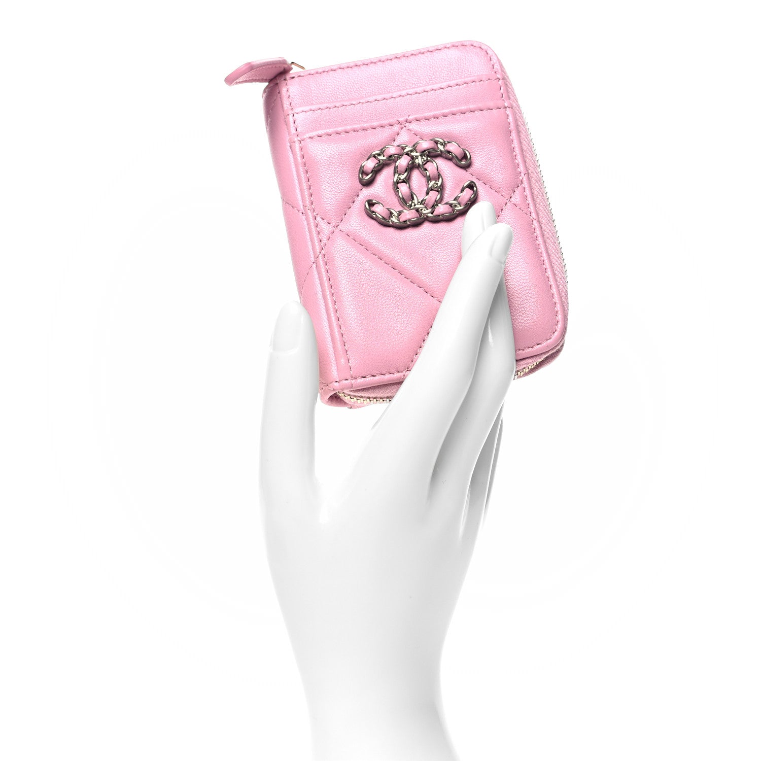 Chanel Lambskin Quilted Chanel 19 Vertical Zip Card Holder Wallet Pink 2 of 8