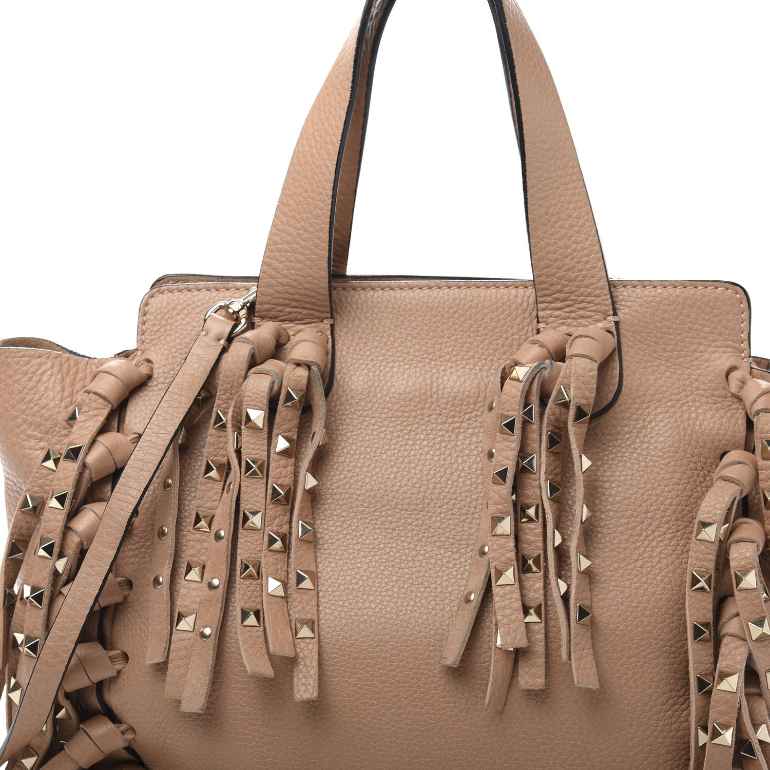 Valentino Garavani Grained Calfskin Small Rockstud C-Rockee Fringe Tote Poudre 13 of 13