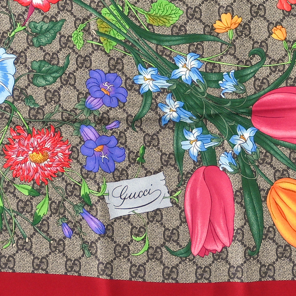 Gucci Silk Twill GG Monogram Special Florio Square Scarf Beige Red 2 of 3