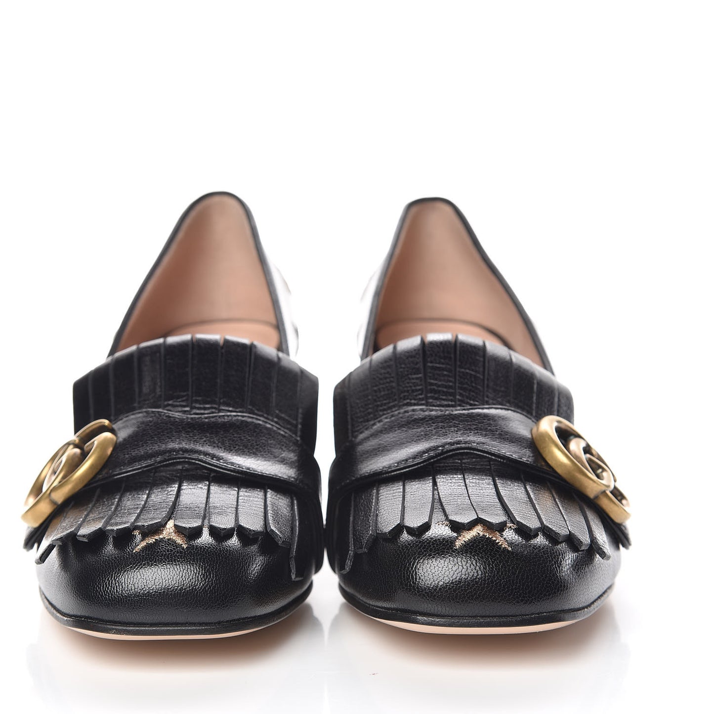 Quentin Goatskin Bee Star Embroidered GG Marmont Fringe 50mm Loafer Pumps 38 Black