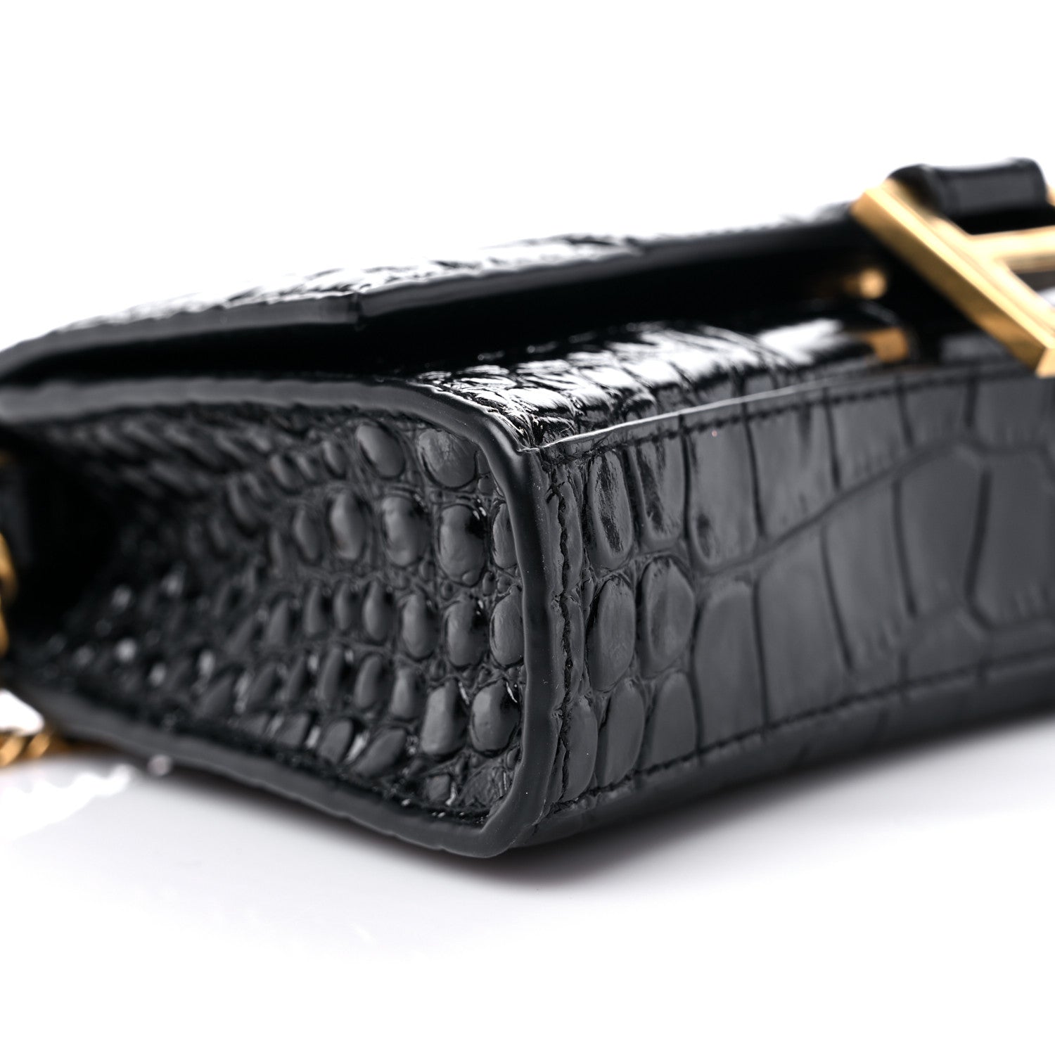 Balenciaga Shiny Calfskin Crocodile Embossed Hourglass Chain Bag Black 6 of 10