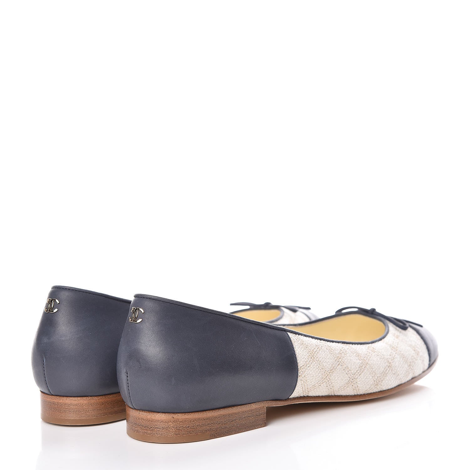 Chanel Toile Oily Calfskin CC Cap Toe Ballerina Flats 38 Light Beige Navy 4 of 9