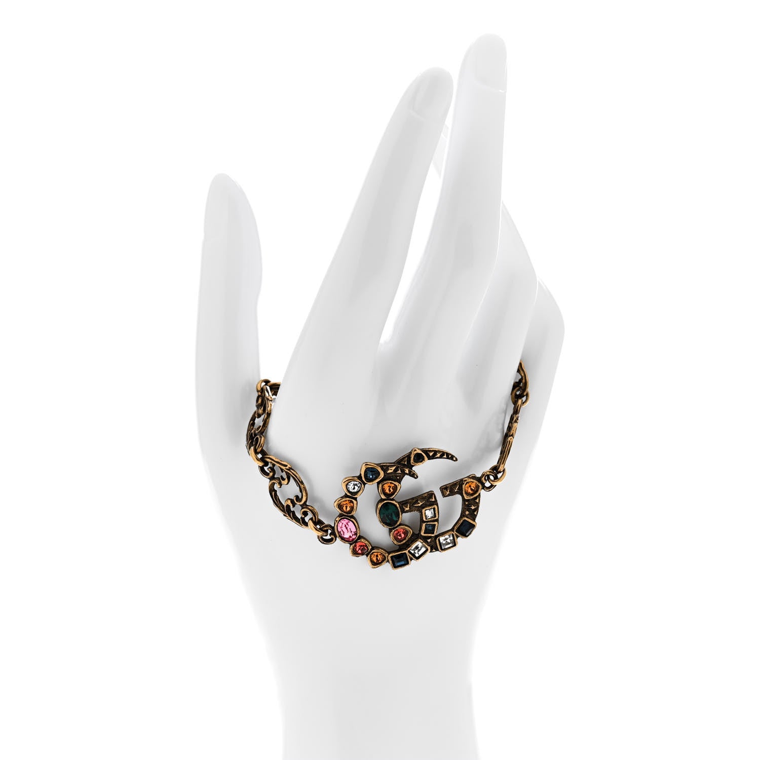Gucci Oxidized Metal Crystal Double G Bracelet Aged Gold Multicolor 2 of 5