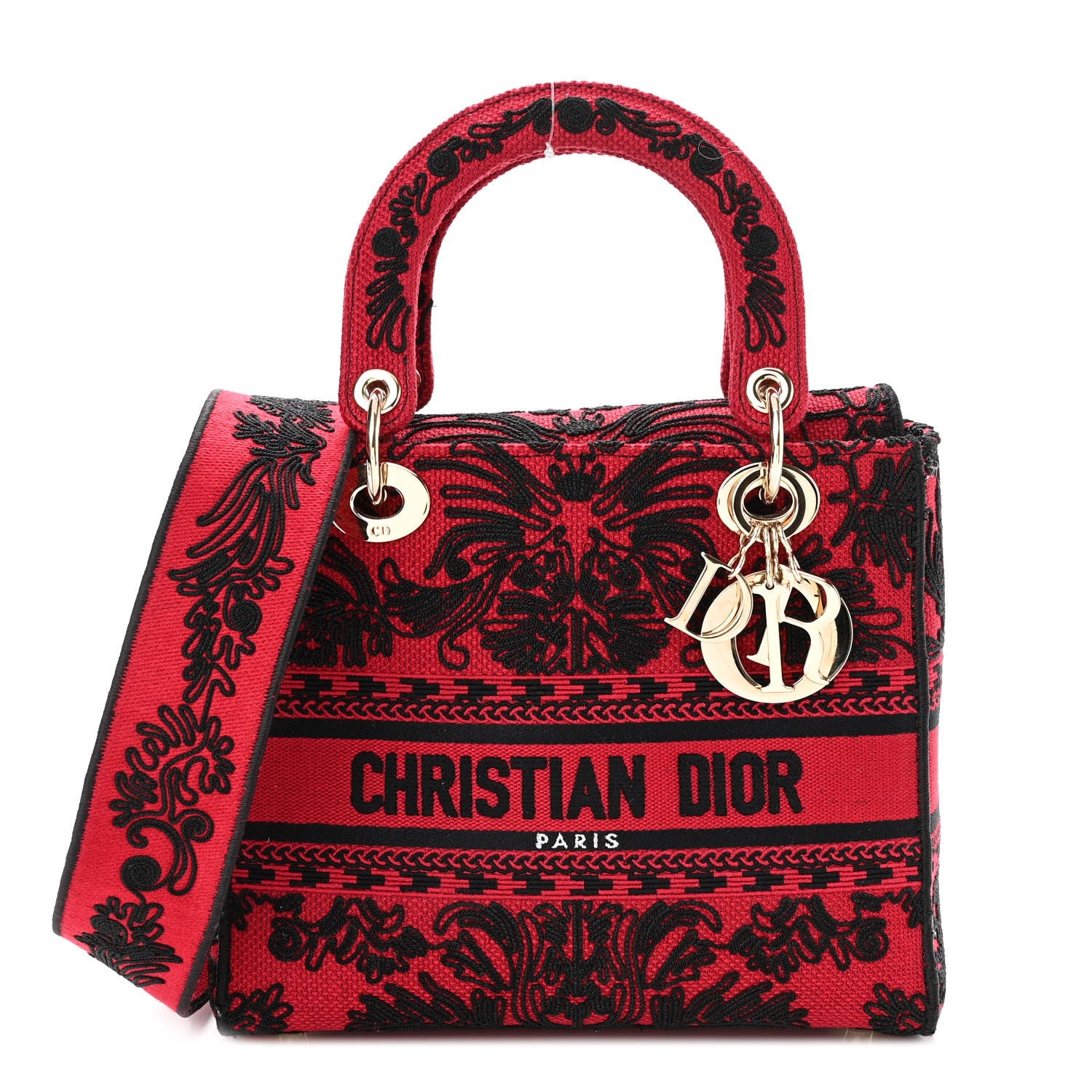 Christian Dior Canvas Embroidered Ornamental Cornely Medium Lady D-Lite Red Black 1 of 9