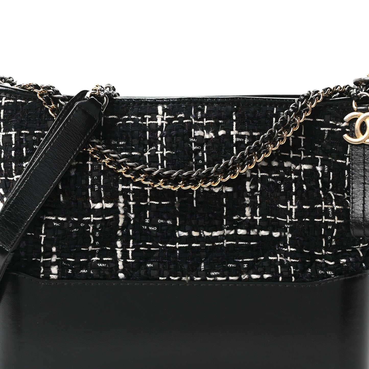 Tweed Calfskin Quilted Medium Gabrielle Hobo Black White