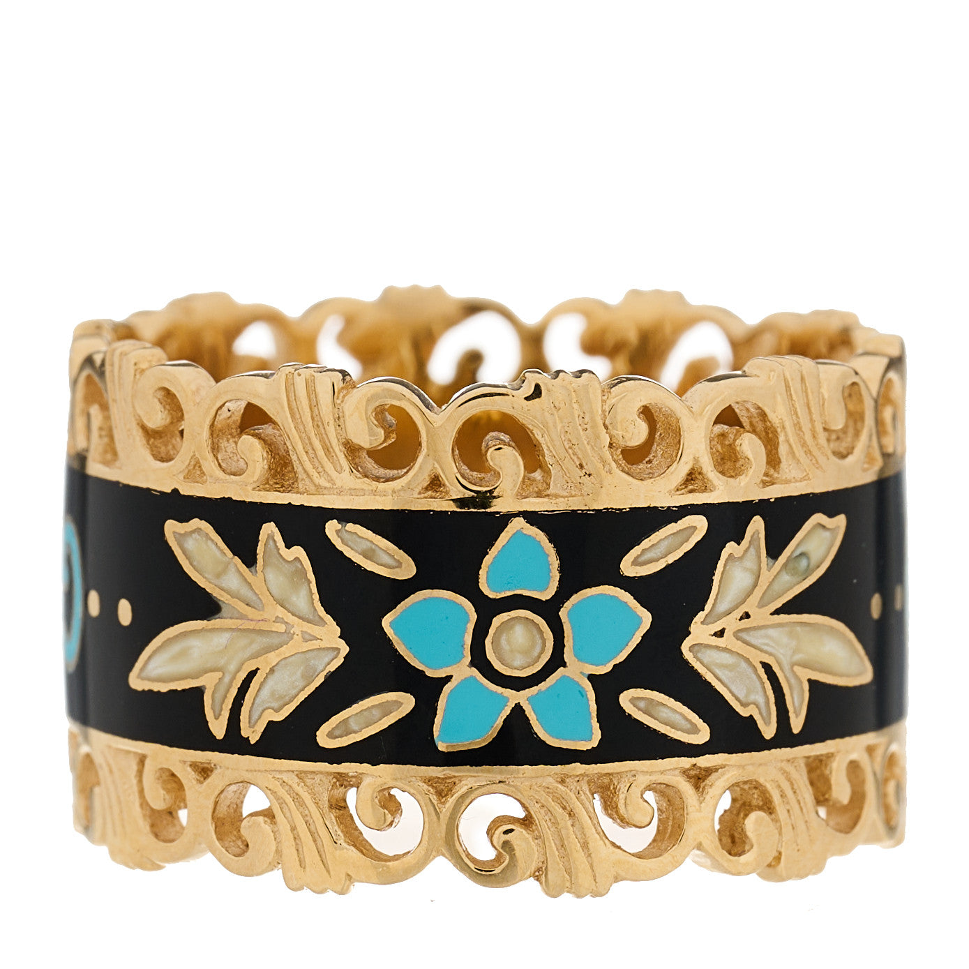 18K Yellow Gold Enamel Wide Icon Blooms Ring 52 6 Black