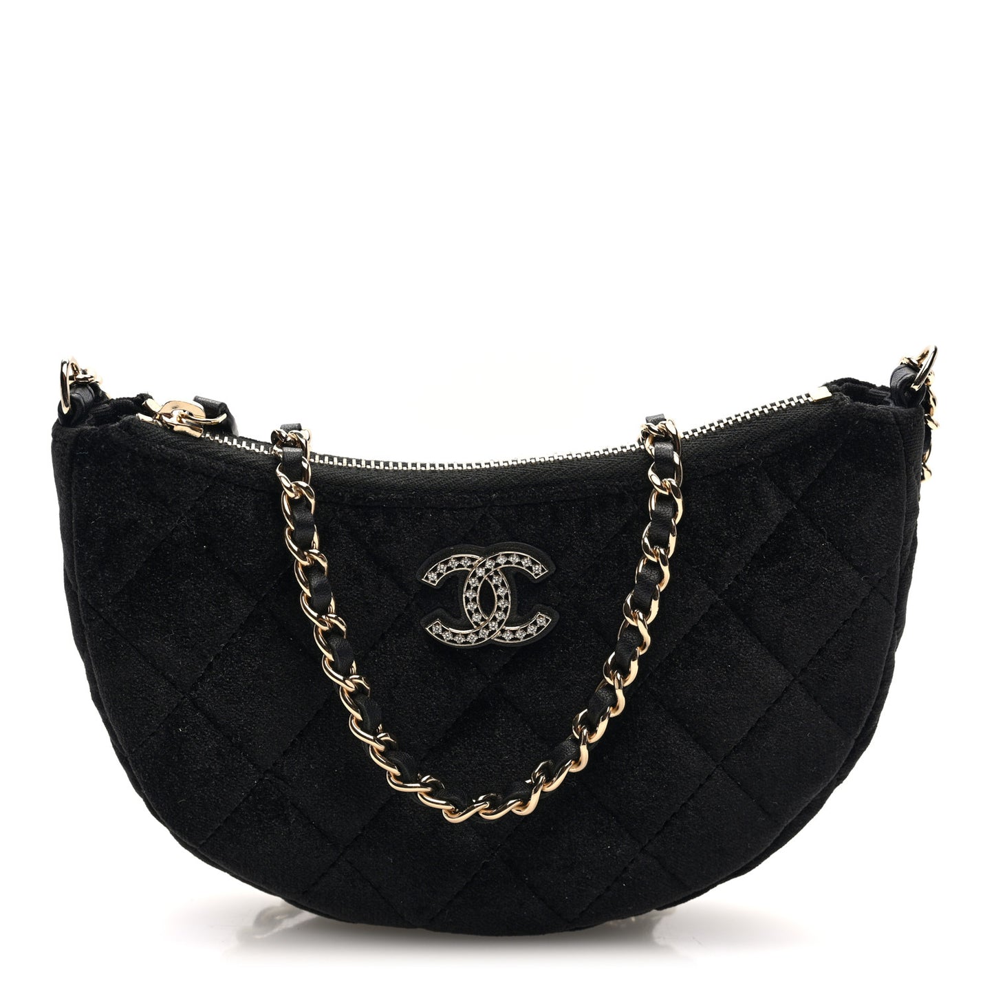 Velvet Crystal Quilted Chain Hobo Black