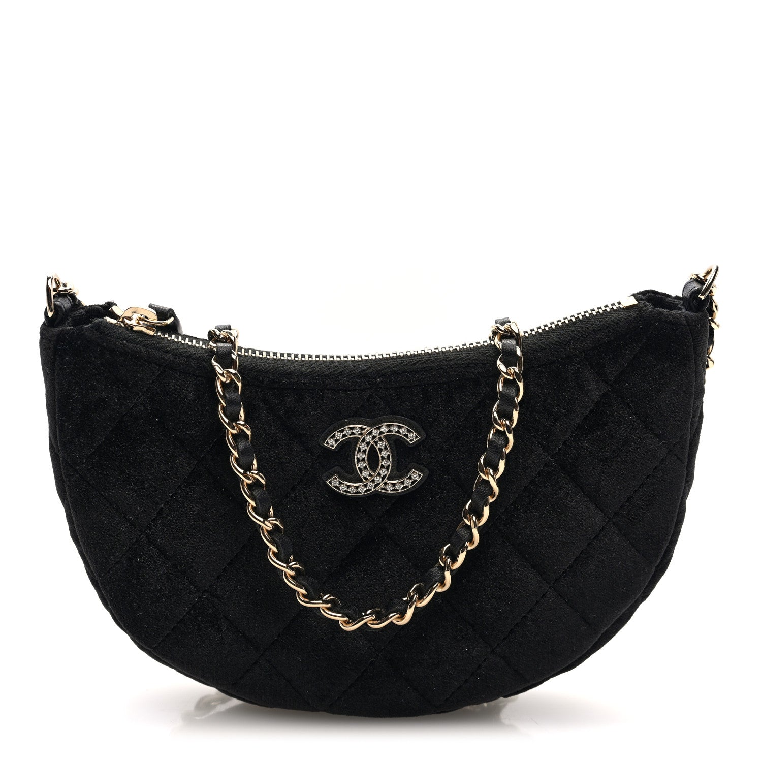 Chanel Velvet Crystal Quilted Chain Hobo Black 1 of 11