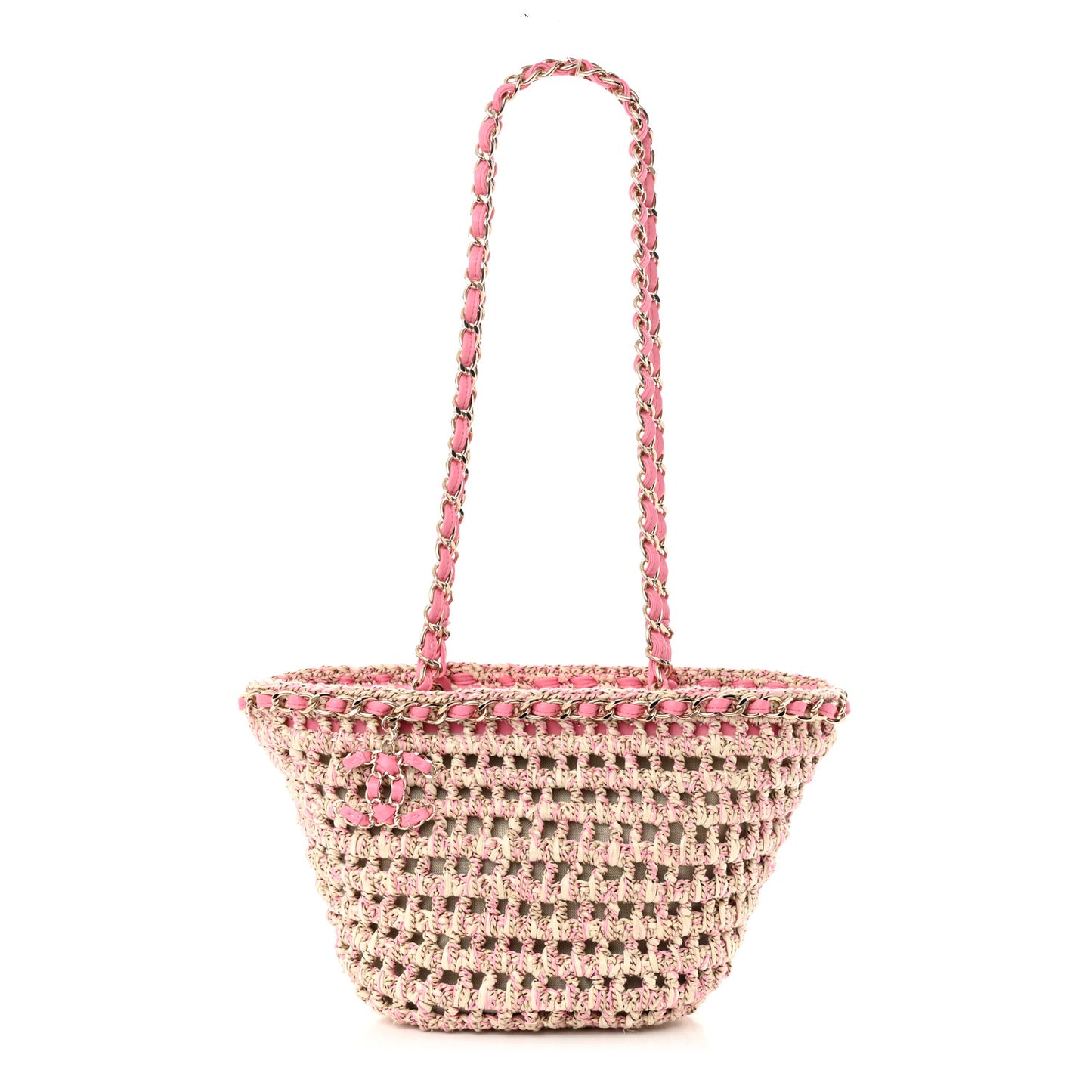 Mixed Fibers Calfskin Crochet Small Shopping Bag Beige Pink