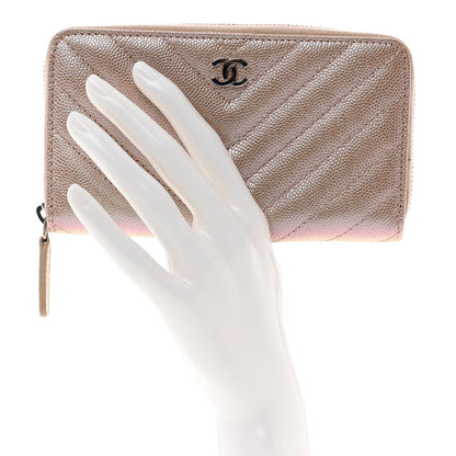 Chanel Iridescent Caviar Chevron Quilted Medium Zip Around Wallet Light Gold 2 of 11