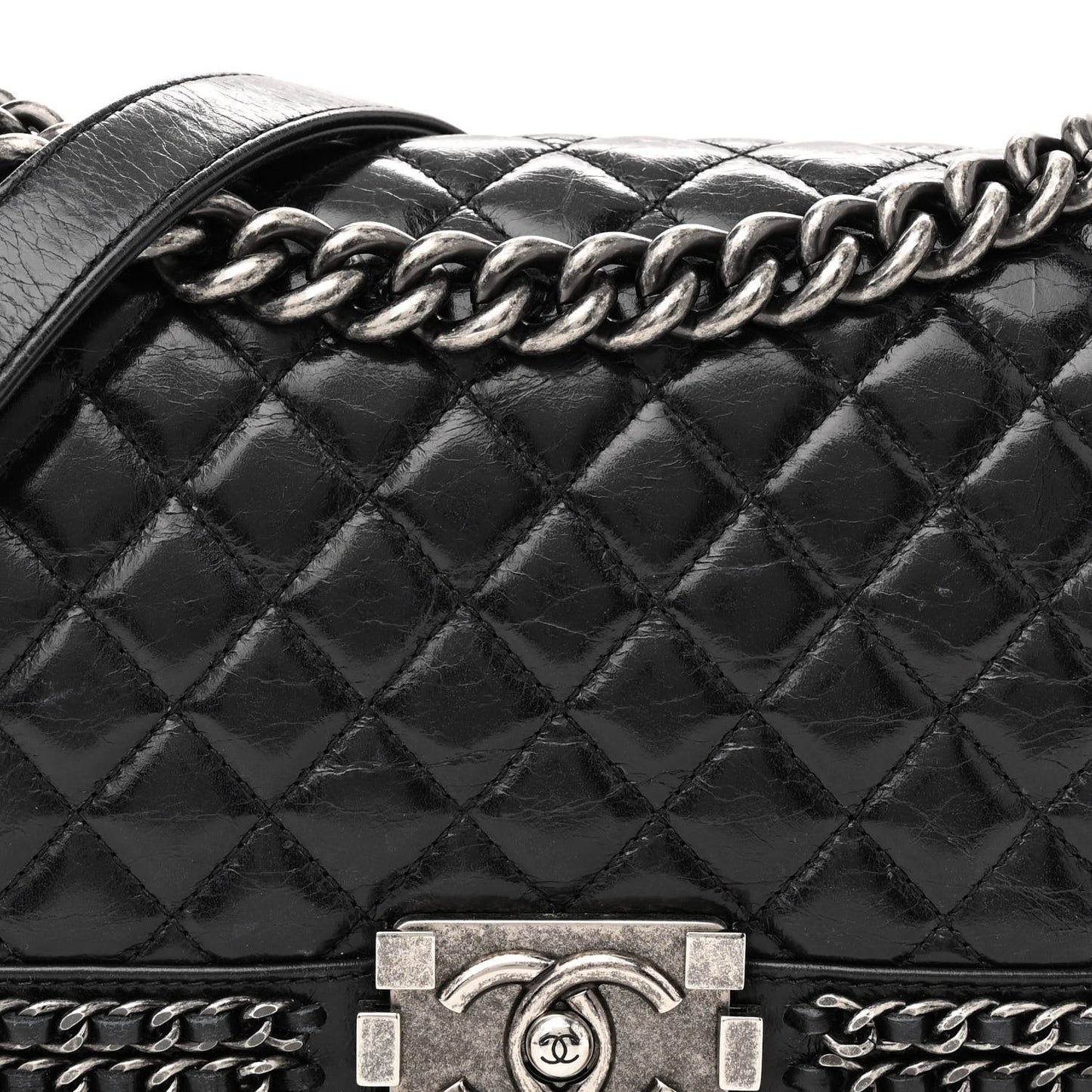 Glazed Calfskin Quilted Medium Chain Around Boy Flap Black