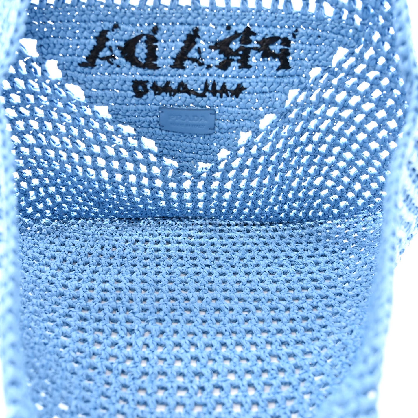 Yarn Raffia Effect Crochet Logo Embroidered Shopping Tote Bag Celeste