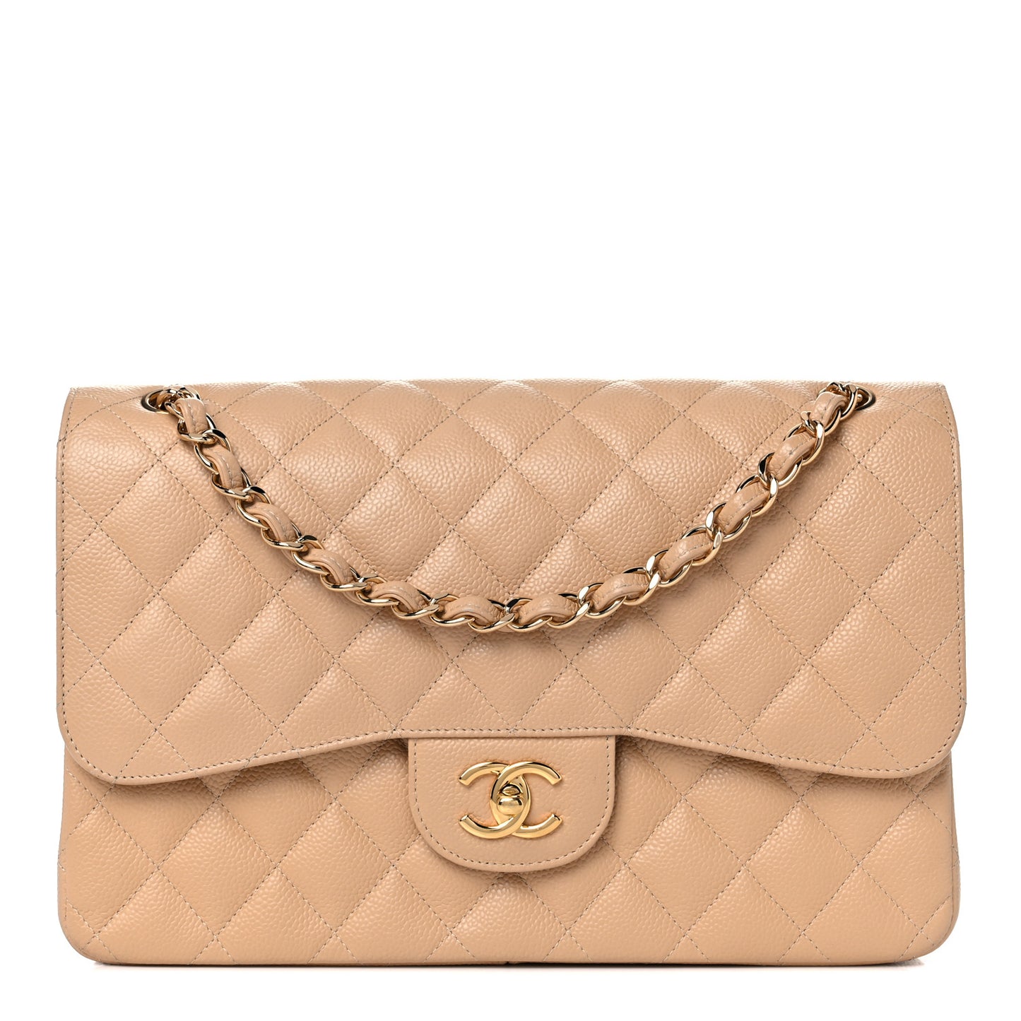 Caviar Quilted Jumbo Double Flap Beige Clair