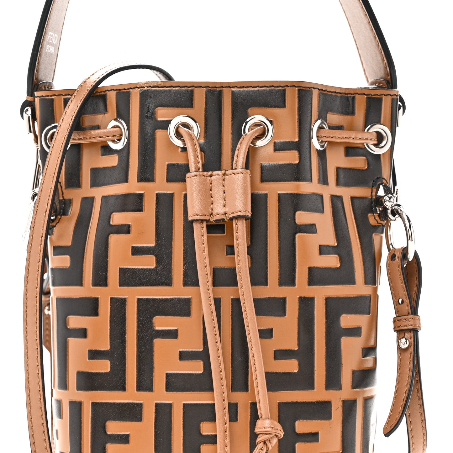 Vitello Liberty F is Fendi Bi-Color FF 1974 Embossed Mini Mon Tresor Bucket Bag Tobaco Orzo