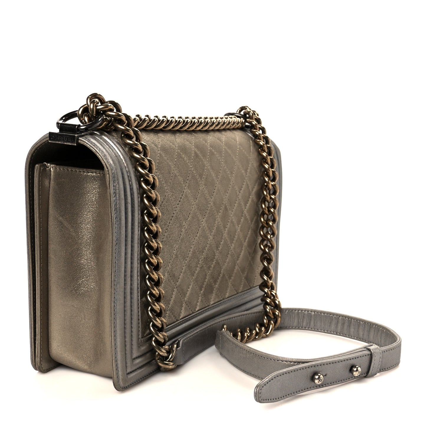 Metallic Calfskin Quilted New Medium Boy Flap Khaki
