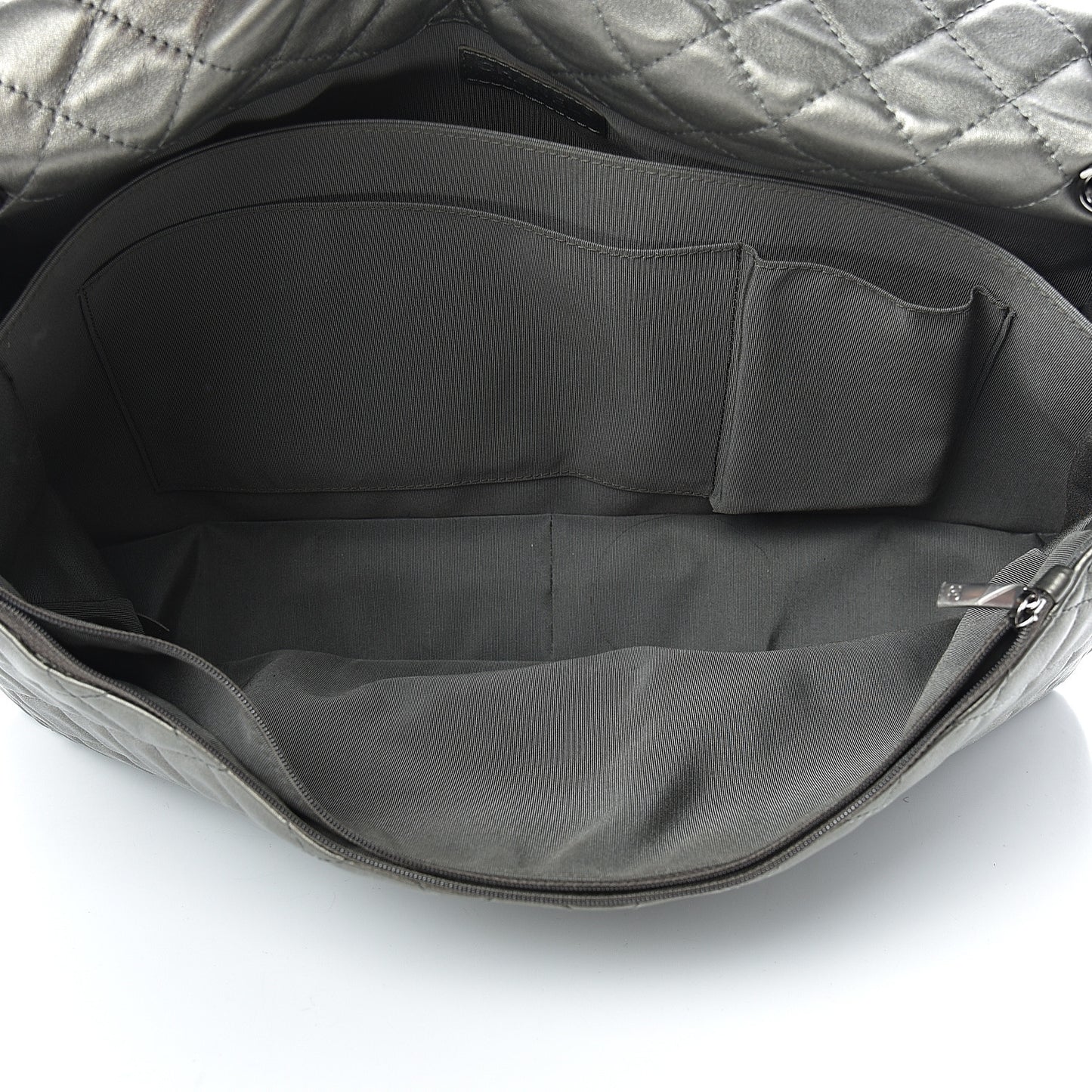 Metallic Calfskin Quilted XXL Travel Flap Bag Dark Silver