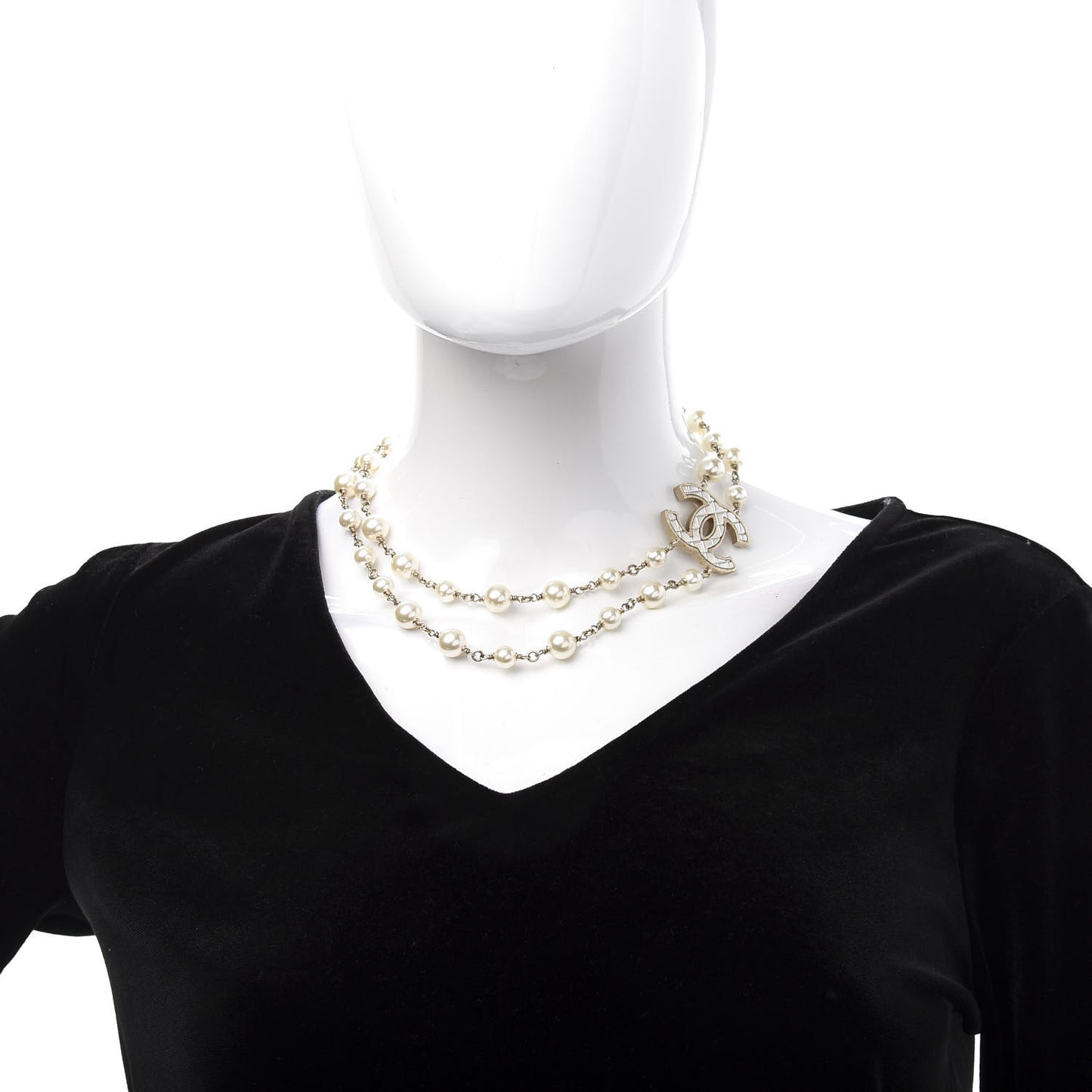 Metal Quilted Pearl CC Long Necklace Light Gold