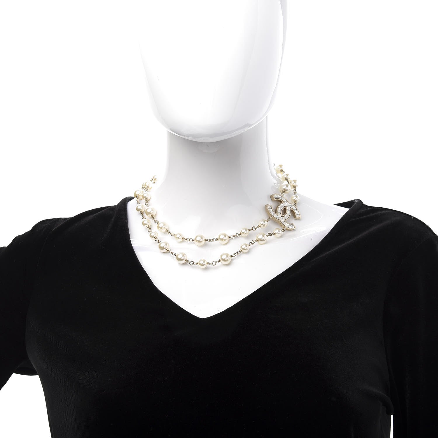 Chanel Metal Quilted Pearl CC Long Necklace Light Gold 2 of 7