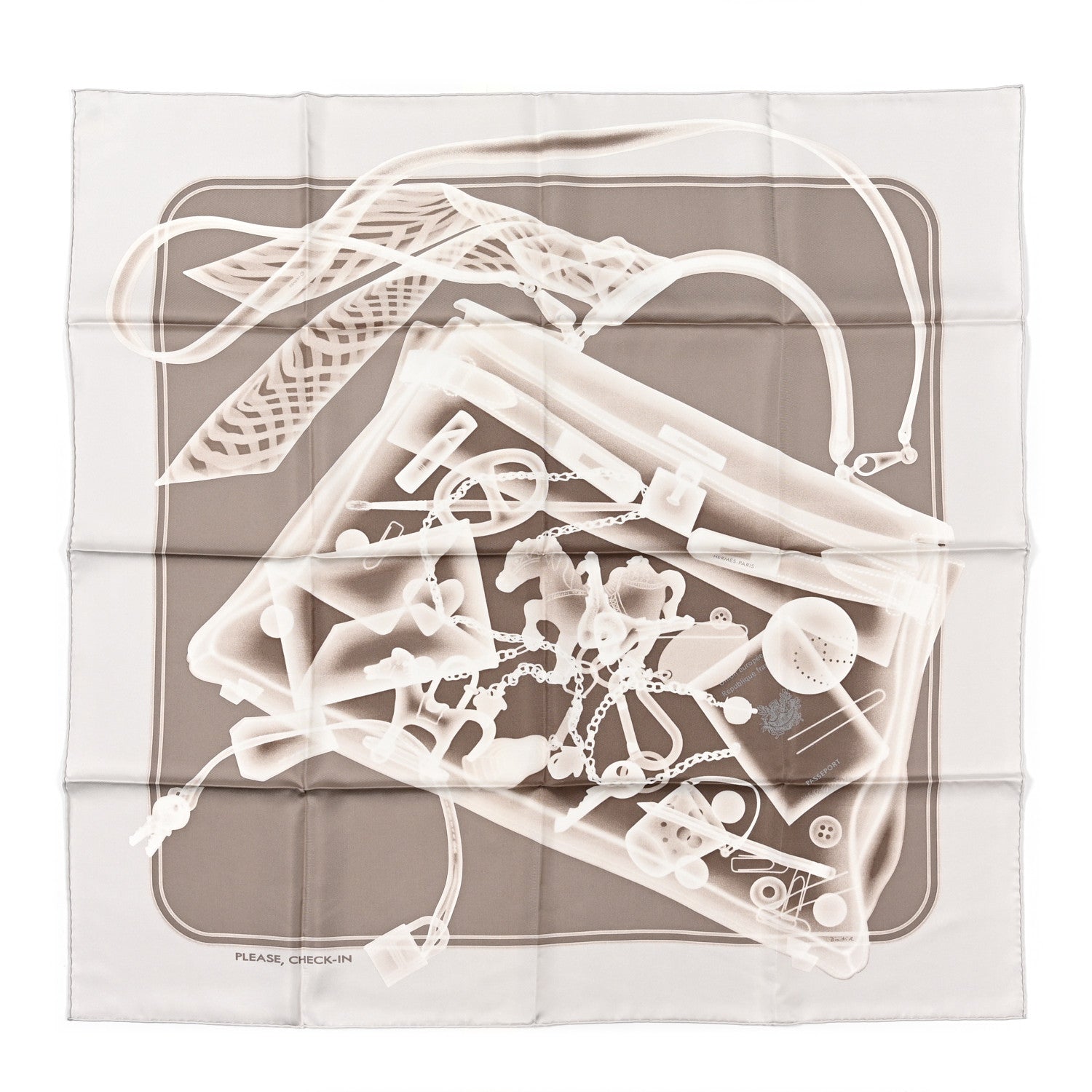 Hermes Silk Please Check In Scarf 90 Gris Perle Etoupe 1 of 6