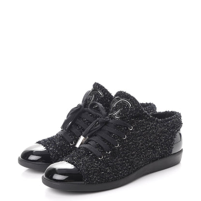 Chanel Lurex Tweed Patent Lace Up Sneakers 41 Dark Navy Blue 3 of 9