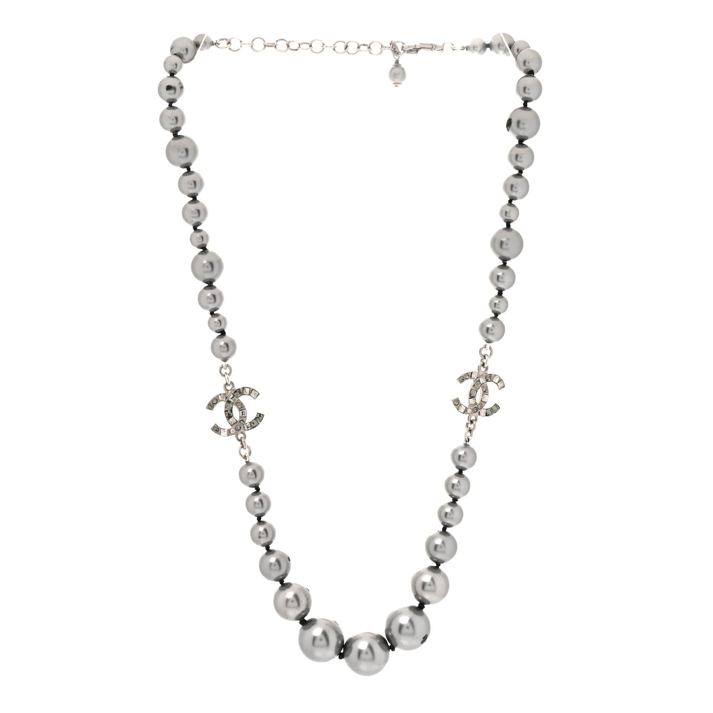 Crystal Baguette Graduated Pearl CC Short Necklace Silver Grey