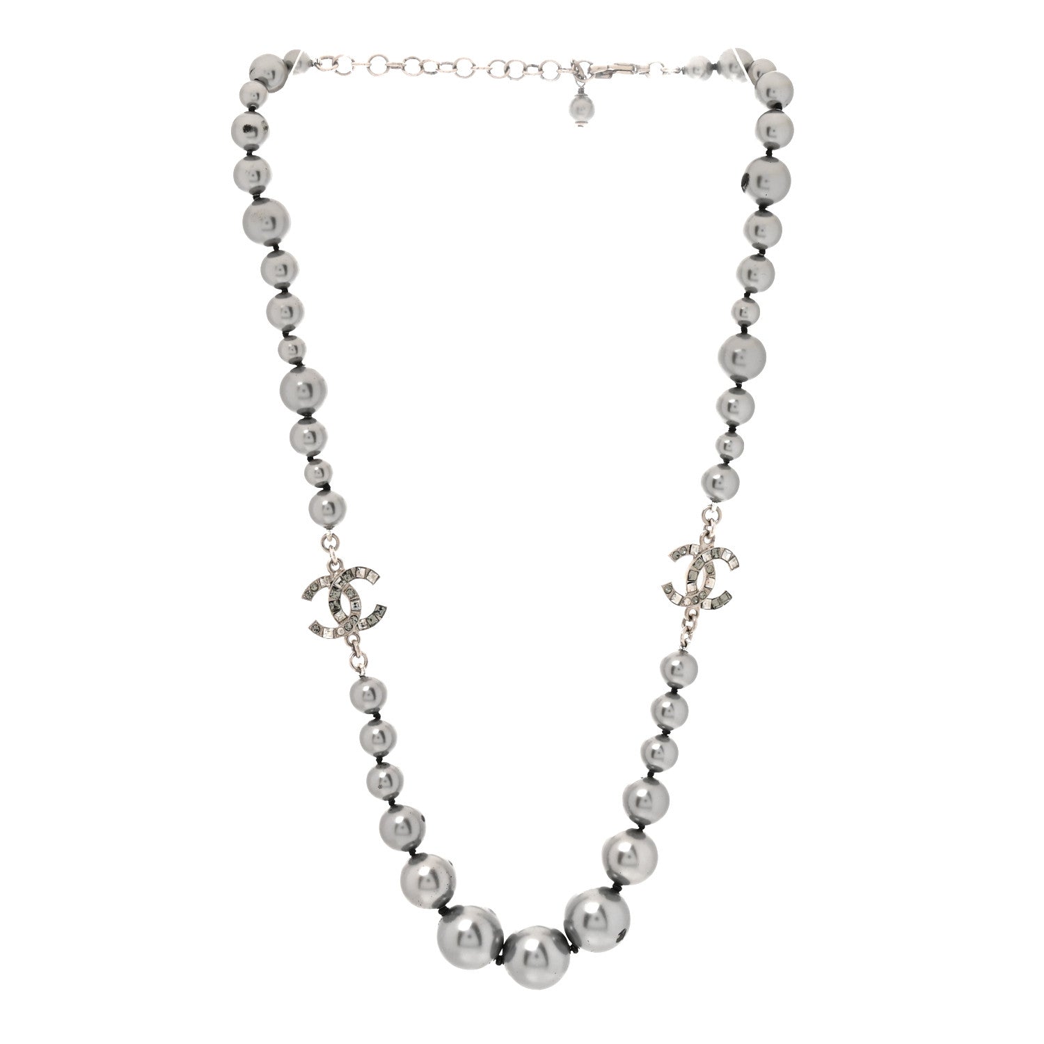 Chanel Crystal Baguette Graduated Pearl CC Short Necklace Silver Grey 3 of 7