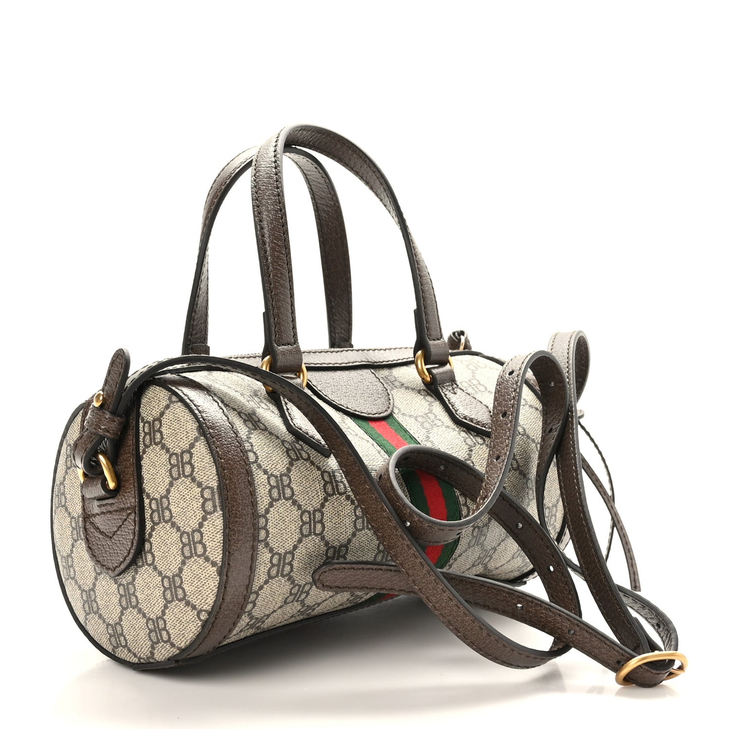 X BALENCIAGA BB Supreme Monogram Web Small Ophidia Boston Bag Beige New Acero