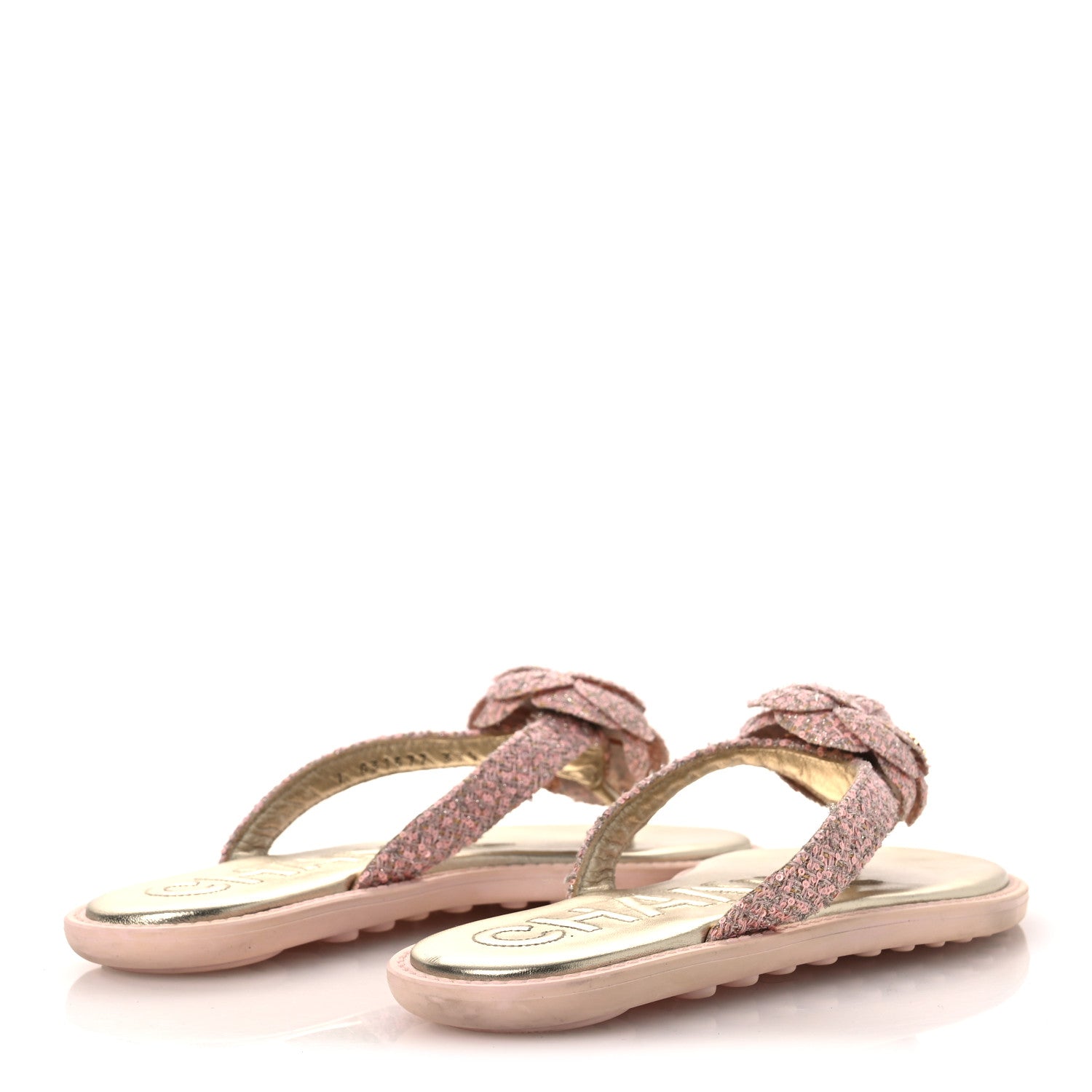 Chanel Tweed Camellia Thong Sandals 37.5 Salmon Apricot Gold 5 of 13