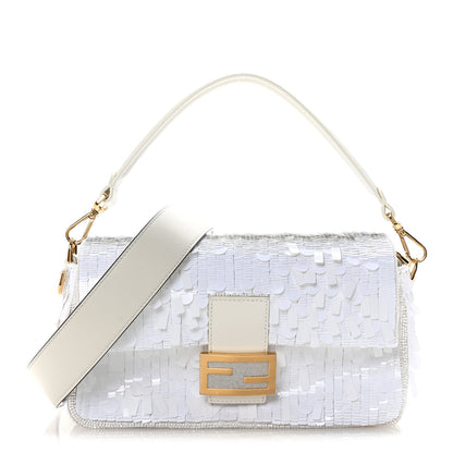Fendi Sequin Paillettes Vitello Grace Sex and the City Baguette White 1 of 10